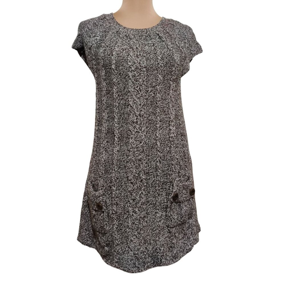 Style Co Womens Petite Sweater Dress Cable Knit Button Pockets Brown Cream Sz L